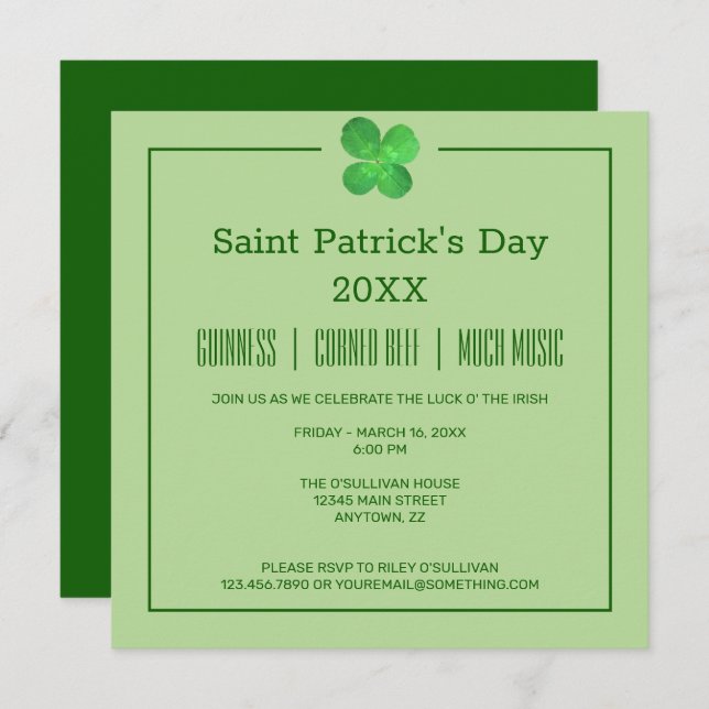 Invitación 4 Leaf Clover Irlandés Shamrock St Patrons Day (Anverso / Reverso)