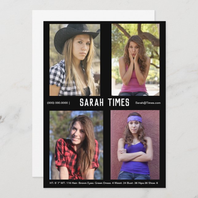 Invitación 4 Modelo de fotografía Actor Comp Card Black Templ (Anverso / Reverso)