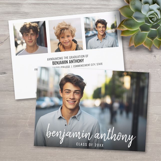 Invitación 4 Nombre de Collage de fotos en guión - Graduación (Custom Graduation Announcement)