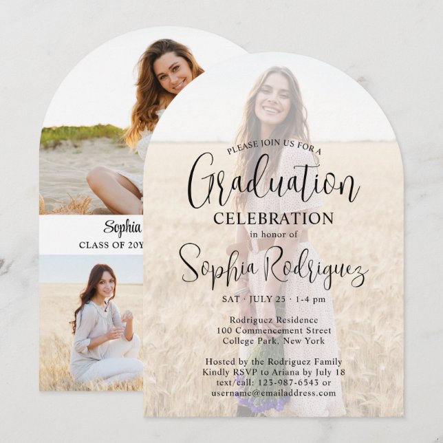 Invitación 4 Photo Modern Script Overlay Graduation Party (Anverso / Reverso)