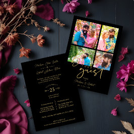 Invitación 4 photos Fake Golden Black Trendy Collage Wedding