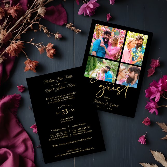 Invitación 4 photos Fake Golden Black Trendy Collage Wedding (4 photos Fake Golden Black Trendy Collage Wedding Invitation Card with Envelope. )