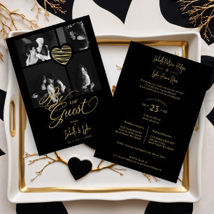 Invitación 4 Photos Heart Fake Golden Black Trendy 