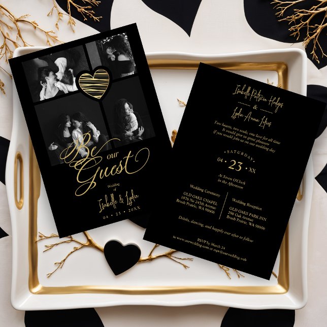 Invitación 4 Photos Heart Fake Golden Black Trendy  (Exquisite Collage 4 Photos Golden Stylish Heart Black Wedding Invitations Card with Elegant Script.)