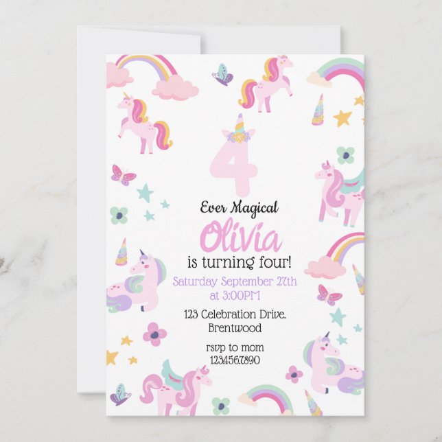 Invitación 4 siempre mágicos, cumpleaños de unicornio, arcoir (Anverso)