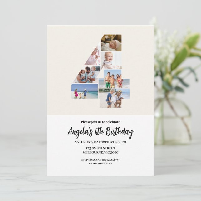 Invitación 4th Birthday Invitation Minimalist - Number 4 (Anverso de pie)