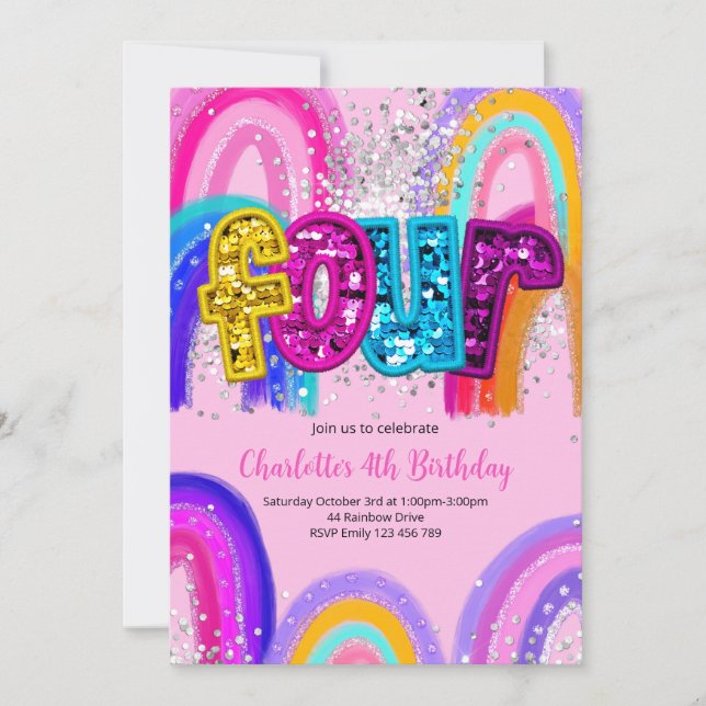 Invitación 4th Birthday Sequin Rainbow Party Invitation (Anverso)