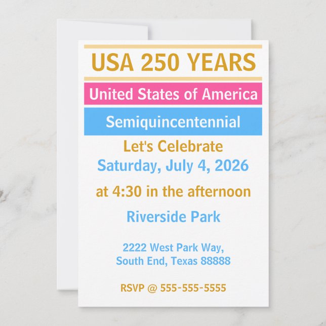 Invitación 4th of July 2026 USA 250 Years Semiquincentennial  (Reverso)