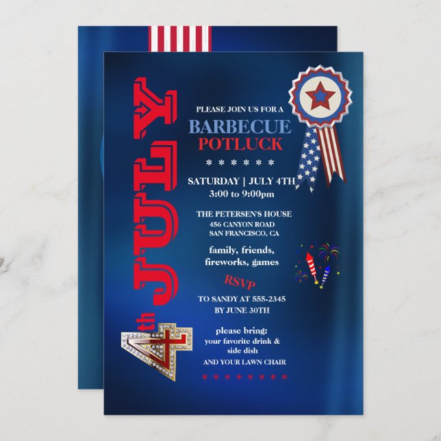 Invitación 4th of July Barbecue Potluck Party  (Anverso / Reverso)