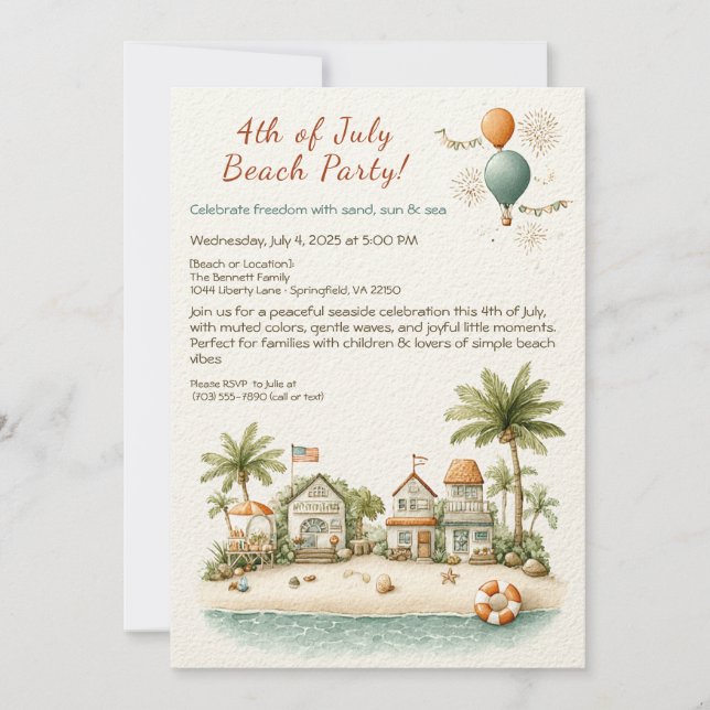Invitación 4th of July Beach Party Invitation – Soft Line Art (Anverso)