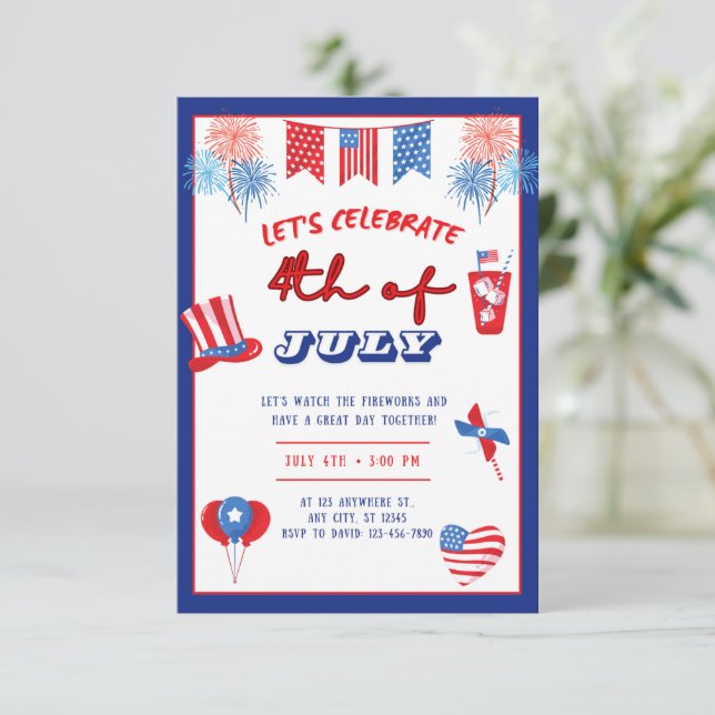 Invitación 4th of July Party Invitation Fireworks Patriotic   (Anverso de pie)