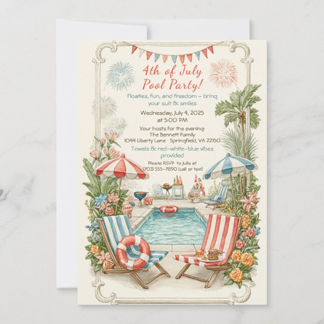 Invitación 4th of July Pool Party Invitation – Elegant Line (Anverso)