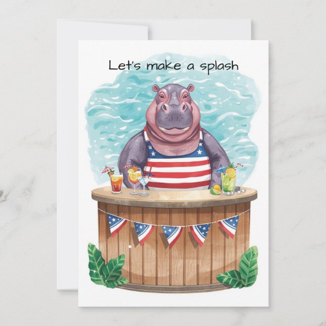 Invitación 4th of July Pool Party with Hippo  (Anverso)
