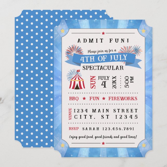 Invitación 4th Of July Spectacular Ticket Invitation (Blue) (Anverso / Reverso)