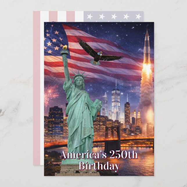 Invitación 4th of July Statue of Liberty Rocket USA 250th (Anverso / Reverso)