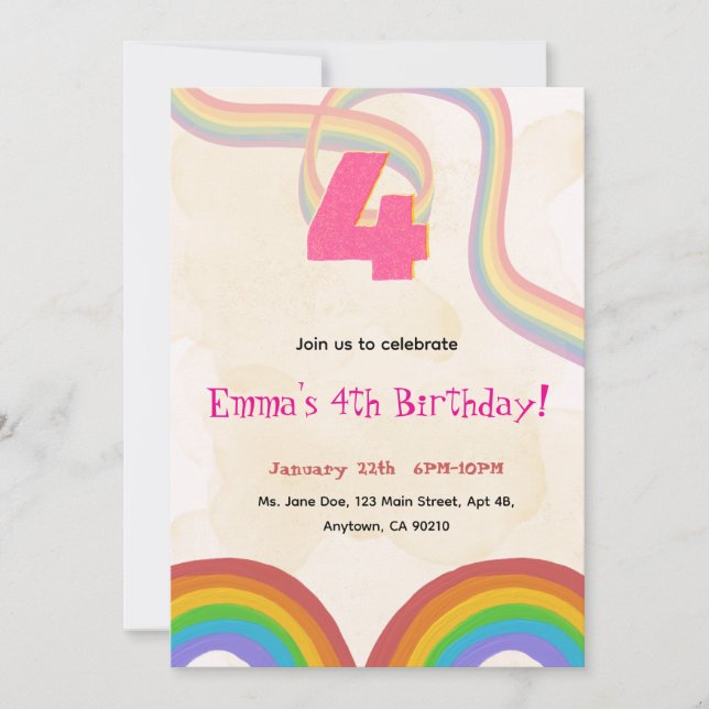 Invitación 4th Rainbow Girl Birthday Invitation    (Anverso)