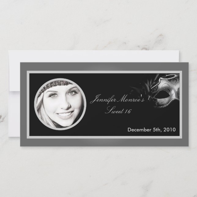invitación 4x8 dulce 16 Fiesta negro plateado (Anverso)