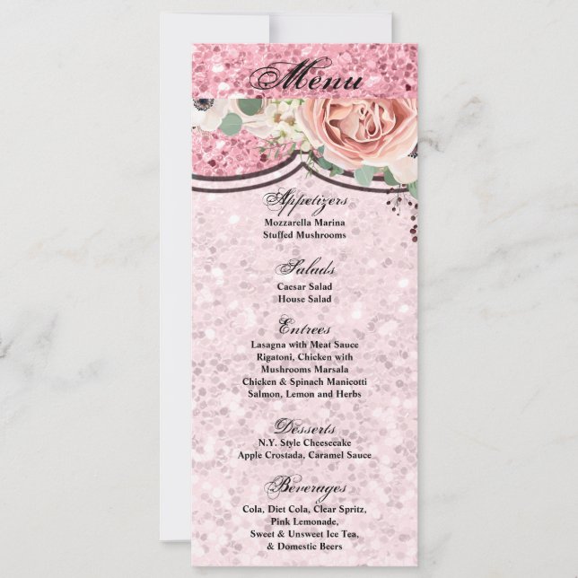 Invitación 4x9.25 Cartas de menú Purpurina Rosa de jardín geo (Anverso)