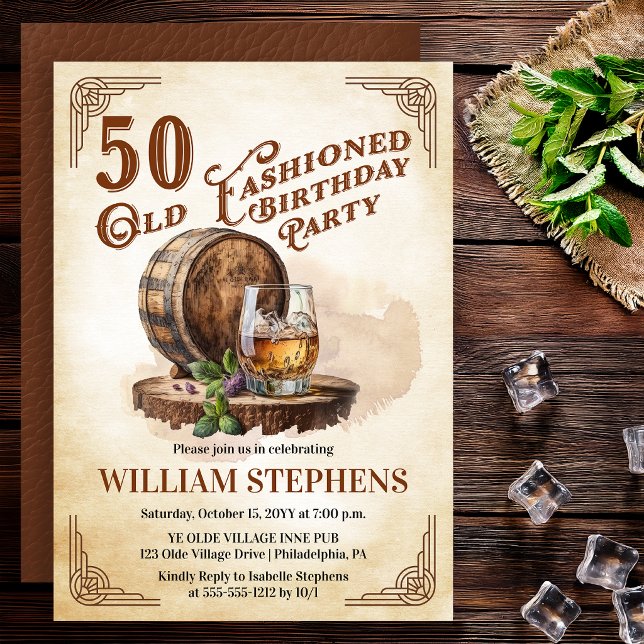 Invitación 50ª Fiesta de Cumpleaños de Barril de Whisky al Es (Old Fashioned 50th Birthday Party Whiskey Barrel Theme Invitation)