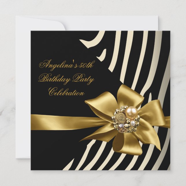 Invitación 50ª Fiesta de Cumpleaños Zebra Gold Cream Black (Anverso)