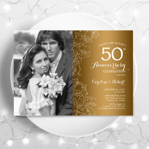 Invitación 50º Aniversario con Foto - Floral Blanco Dorado
