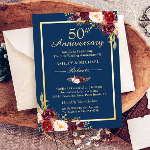 Invitación 50º Aniversario de Boda Borgoña Floral Azul Marino