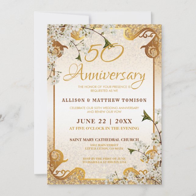 Invitación 50º aniversario de boda con marco de flores con br (Anverso)