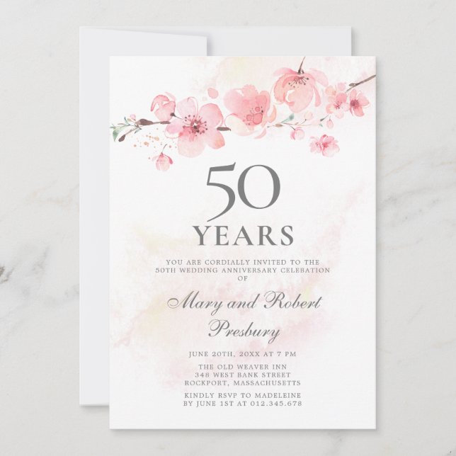 Invitación 50º Aniversario de Boda Flor de Cerezo Rosa (Anverso)