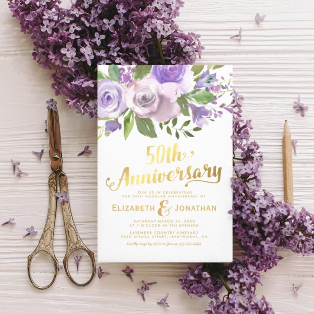 Invitación 50º Aniversario de Boda Floral de Oro Púrpura (Subido por el creador)