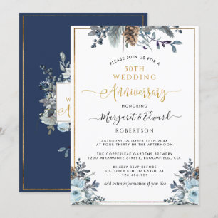 Invitación 50º Aniversario de Boda, Floral Dorado, Azul Marin