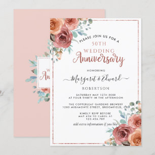 Invitación 50º Aniversario de Boda, Oro Rosa, Floral Menta