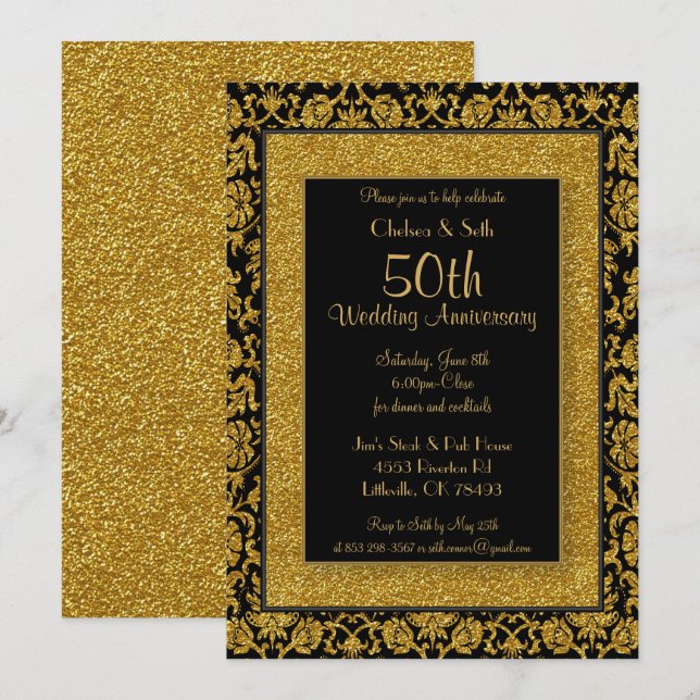 Invitación 50º Aniversario de Bodas con Glitter de Oro (Anverso / Reverso)