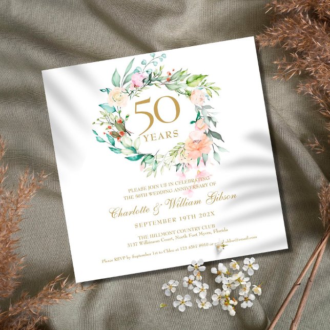 Invitación 50º Aniversario de Bodas de Oro Aquarela Floral (Subido por el creador)