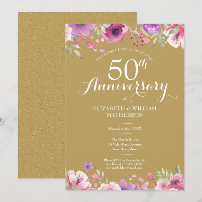 Invitación 50º Aniversario de Bodas de Oro Country Floral (Anverso / Reverso)