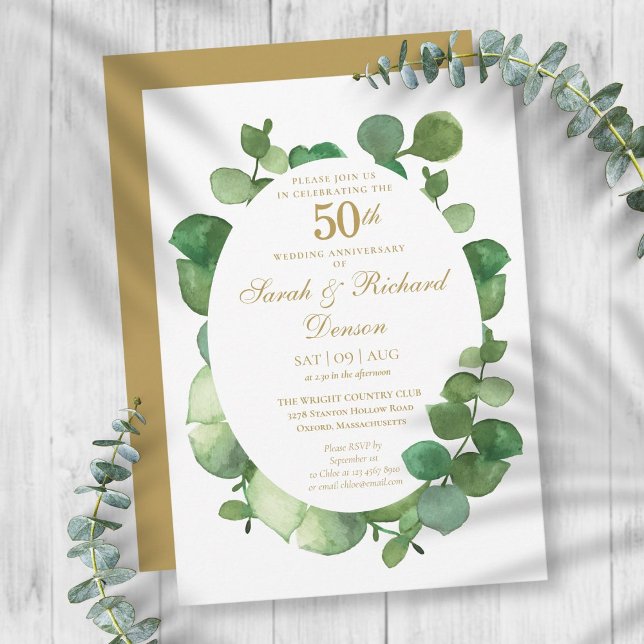 Invitación 50º Aniversario de Bodas de Oro Eucalipto Boho Ver (Subido por el creador)