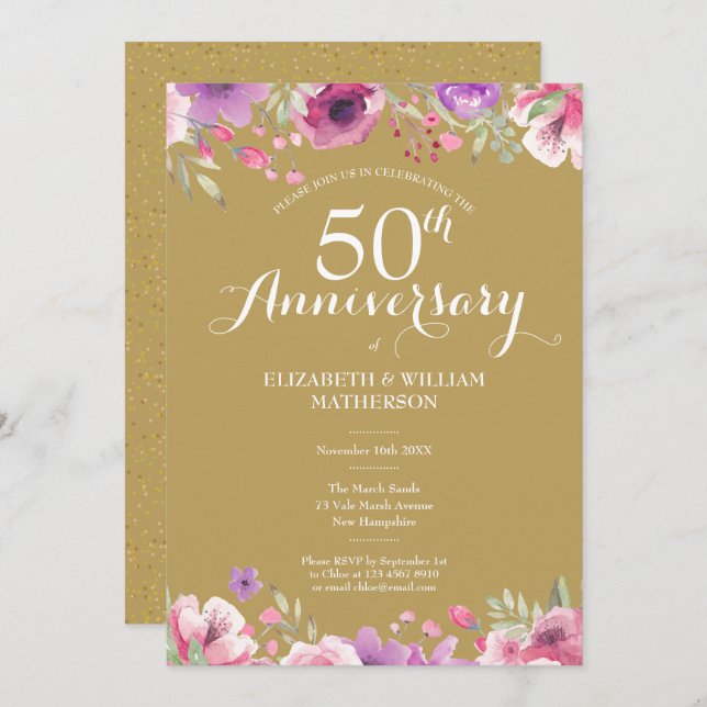Invitación 50º Aniversario de Bodas de Oro Floral Campestre (Anverso / Reverso)