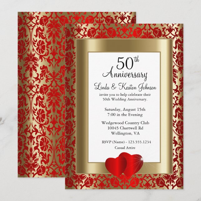 Invitación 50º Aniversario de Bodas de Oro y Rojo | Texto de  (Anverso / Reverso)