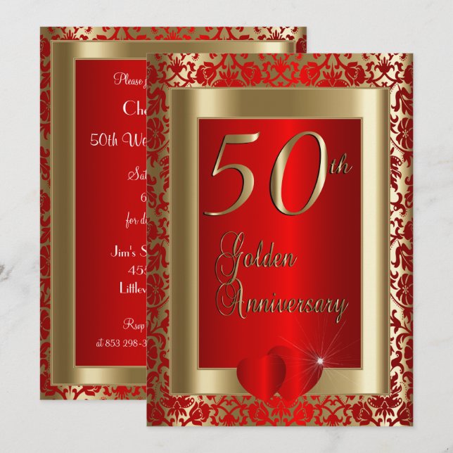 Invitación 50º Aniversario de Bodas de Oro y Rojo | Texto de  (Anverso / Reverso)