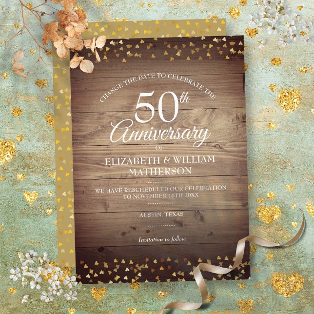 Invitación 50º Aniversario de Oro Cambiar la Fecha Rústico (50th Golden Anniversary Change the Date Rustic Invitation)