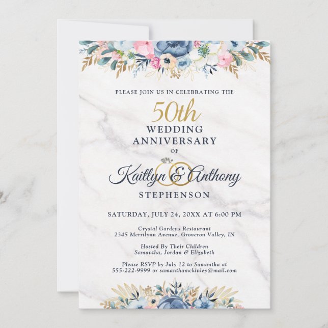 Invitación 50º Aniversario Floral Elegante Azul Marino Dorado (Anverso)