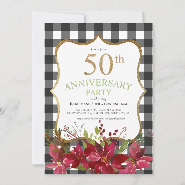Invitación 50º Aniversario Plaid Búfalo Flores Rojas Fiesta (Anverso)