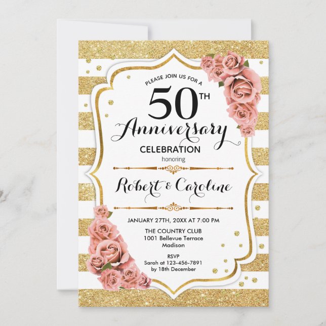 Invitación 50º Aniversario - Rosas Rosadas Doradas (Anverso)