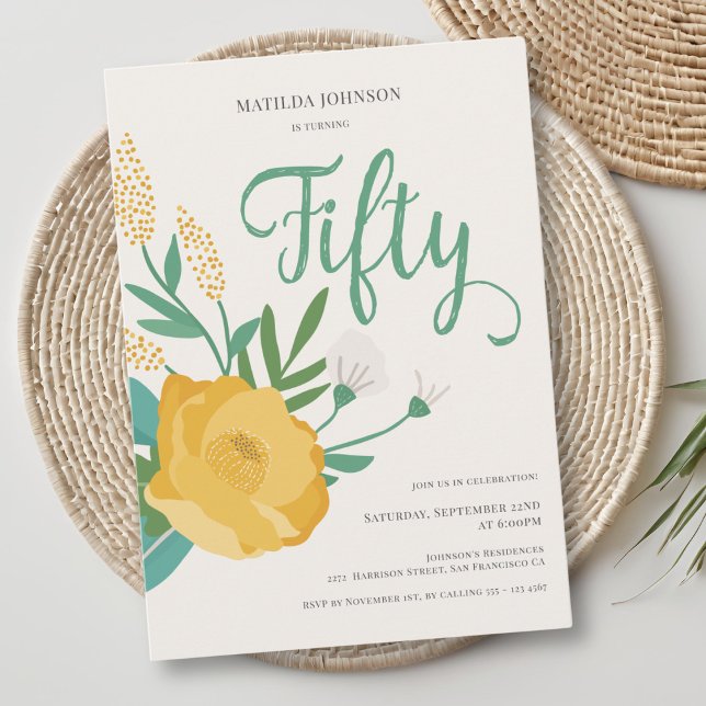 Invitación 50º cumpleaños de Floral Moderna (Modern Floral 50th Birthday Party Invitation)