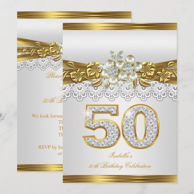 Invitación 50º Cumpleaños de la Perla Blanca con Encaje Dorad (Anverso / Reverso)
