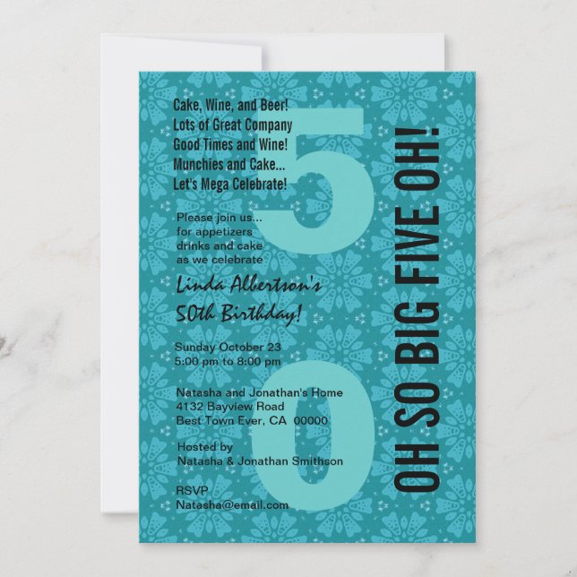 Invitación 50º cumpleaños moderno Aqua Blue Flowers B200 (Anverso)