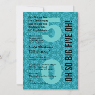 Invitación 50º cumpleaños moderno Aqua Blue Flowers B200