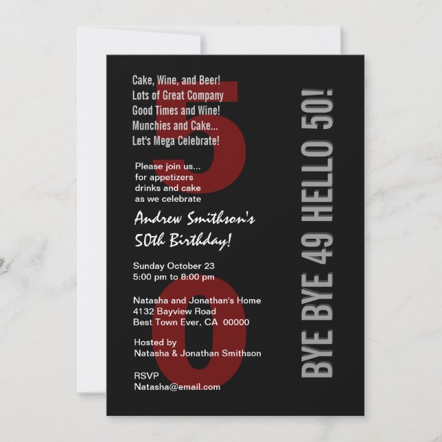 Invitación 50º cumpleaños moderno negro plateado rojo rojo (Anverso)