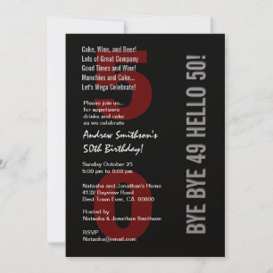 Invitación 50º cumpleaños moderno negro plateado rojo rojo