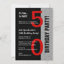 Invitación 50º cumpleaños Parte moderna Red Silver Negro W179