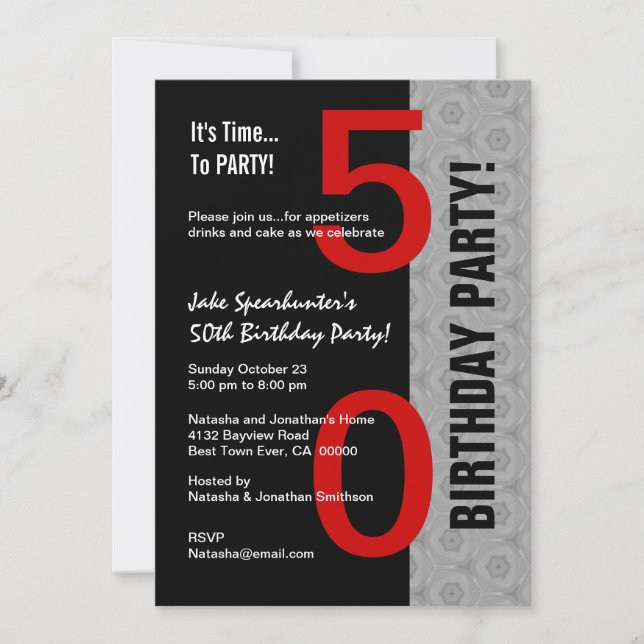Invitación 50º cumpleaños Parte moderna Red Silver Negro W179 (Anverso)
